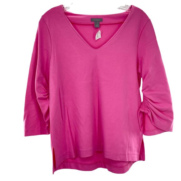Halogen Pink Knit Pullover 3/4 Ruched Sleeve V-Neck Barbie Top S  NWT - Picture 2 of 12